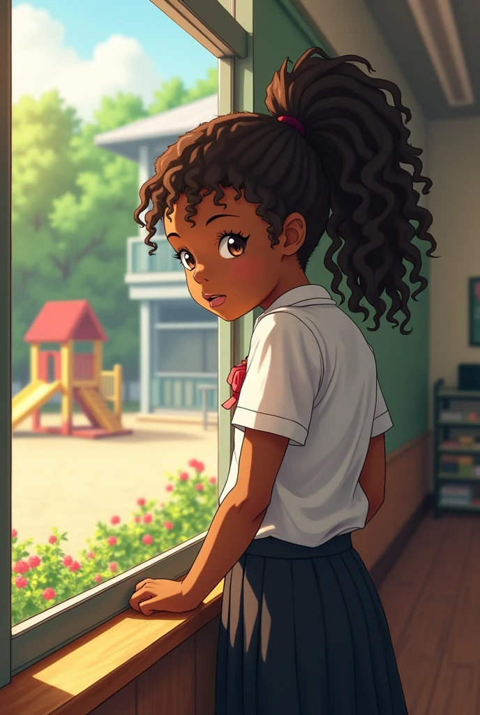 An African girl with long curly ponytail hair on white top and black skirt Japanese uniform peeping inside a class from outside like a detective