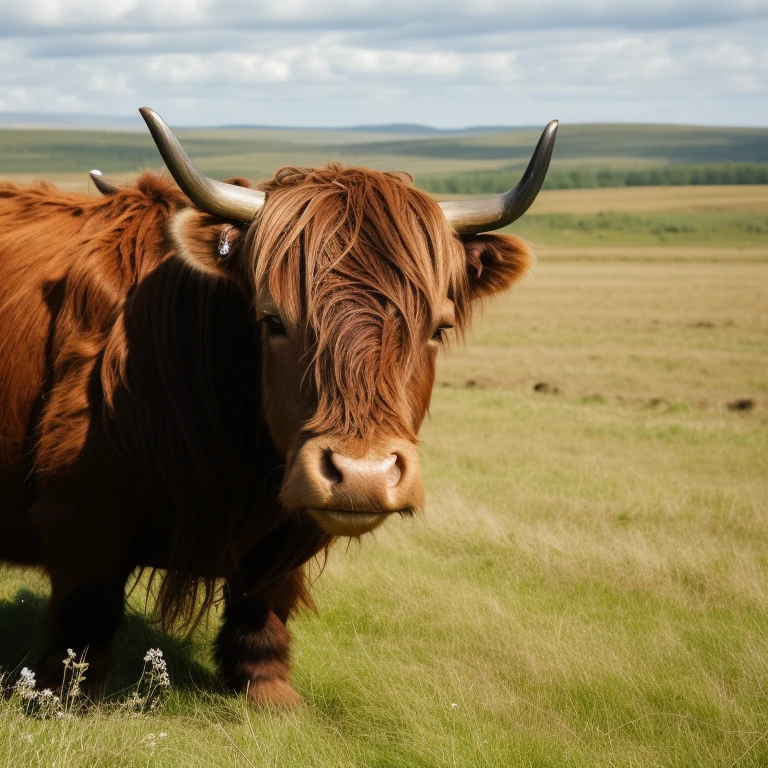 Highland cow, looking at camera, grazing in Scottish Highlands, peaceful, blue sky