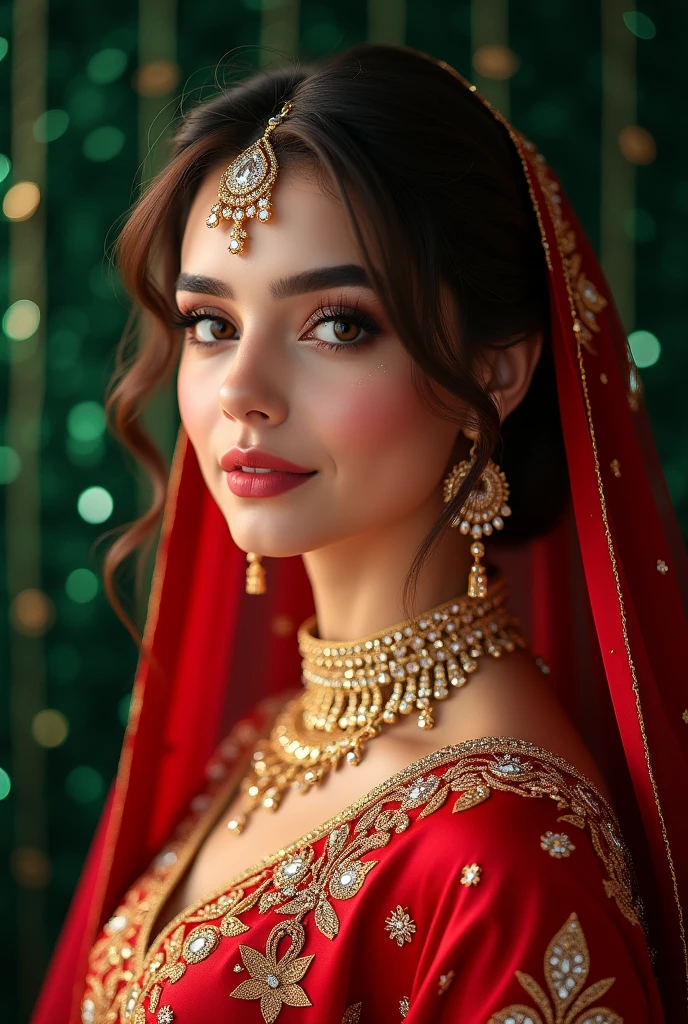 Create a 3D illustration of A 20 year-old girl wearing pakistani Bridel dress in red color with beautiful bridal makup like kashee's artist salon mAkup & beautiful jewelry only her face , full head & half body i want her image for a beauty salon bridel makup service ads. Her makup is perfect & beautiful she is looking soo beautiful & beckground thame is luxery gulter c green don't show her body