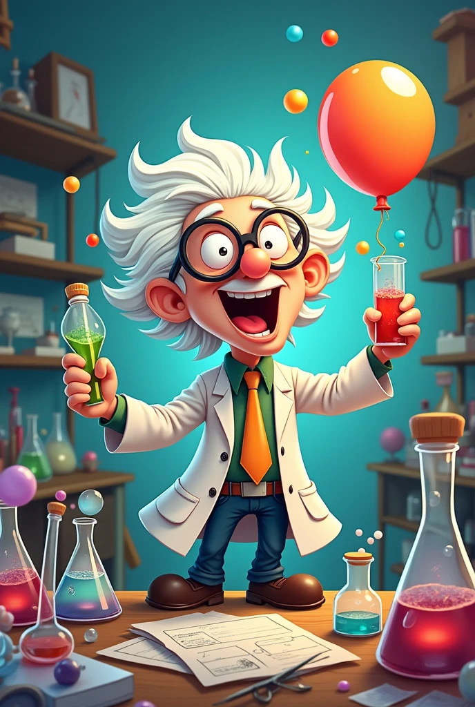 A cartoon of a scientist holding a plastic bottle with a balloon attached to it.