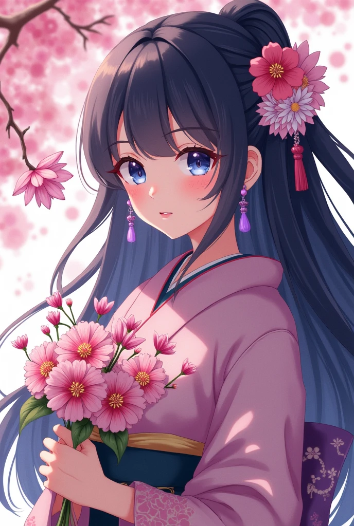 anime young adult with long pretty black hair, blue eyes, purple dangle earring, flowers tied to the back of hair, holding bouquet of tsubaki flowers, wearing kimono, makeup, serious face, neckalace, side profile, cuter artstyle