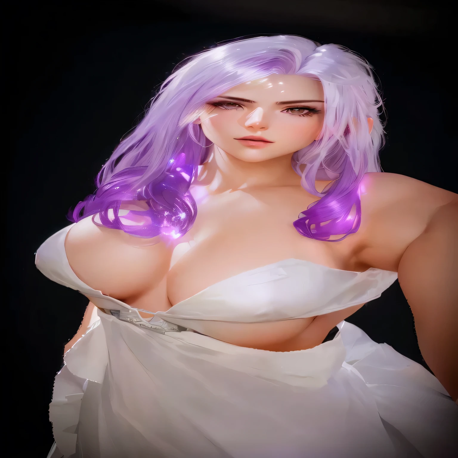 a close up of a woman with purple hair and a white dress, tifa lockhart with white hair, photorealistic anime girl render, realistic shaded perfect body, detailed white long hair, detailed hair foggy, long glowing ethereal hair, purple flowing hair, render of april, cleavage, close up half body shot, high colored texture, close up bust shot