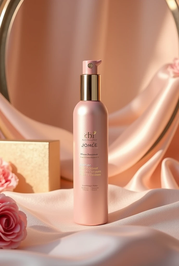 Hair treatment product for damaged hair, whose packaging must be premium line in gold and light pink with a push-type dosing valve with an innovative design with the brand name JOME hair treatment and its respective box that appears as a model