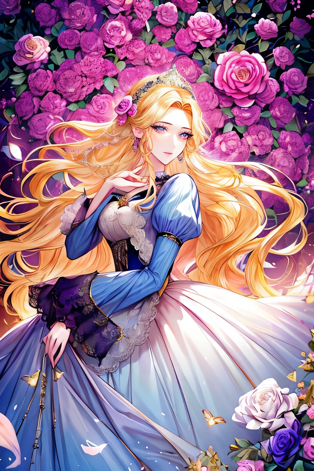 Kuroume_1024, ((shoujo-style, floral background, romance manhwa)), Beautiful woman standing, (Princess),kind,medieval europe,Glamorous long dress,(beautiful and delicate ornaments),(Jewelry Hair Ornament),Madame de,frills,(Lustrous blonde hair),(purple eyes),Upper body, (masterpiece, high quality, 最high quality), (colorful),(delicate eyes and face),Dresses of the Rococo era, virago sleeve,french garden,Fluttering petals,rose garden,null, blue null, Sunny, fantasy, the wind is strong, city, outdoor, flowers, lake,bluebird,firebird