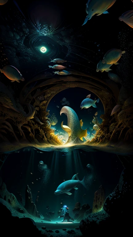 original，（Highest quality），（masterpiece：1.1），（Highly detailed CG unity 8k ），（Extremely colorful：1.2），deep sea，Ancient times，ancient fish，Dolphin，Swim gracefully，未来のdeep sea都市，Japan Trench，Atlantis Continent，Reflection of the universe，Vast space，fusion of the future and the past，Time Transcended，Distortion of Space，Wide-angle lens，horizontal line，A blindingly bright light，
