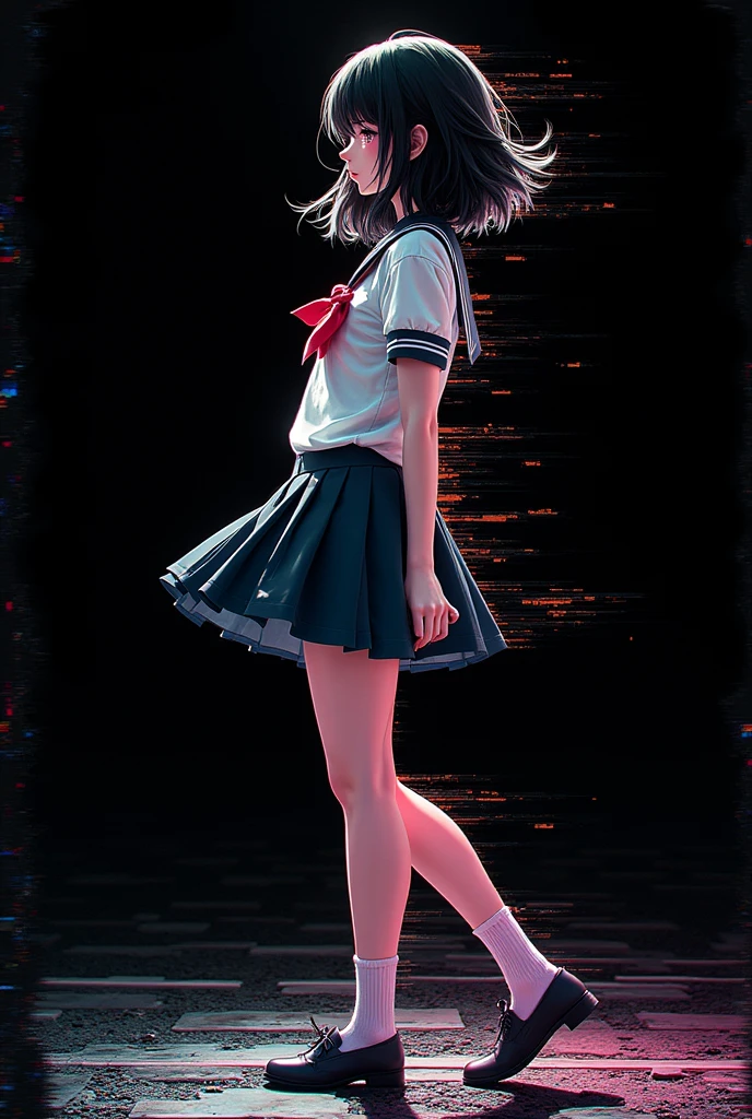 Glitch art movie poster, [sideways facing Japanese school miniskirt girl] in the center, dark background, glitch colors in the style of strong glitch effect, striped many graphic defects, very detailed, stunning image