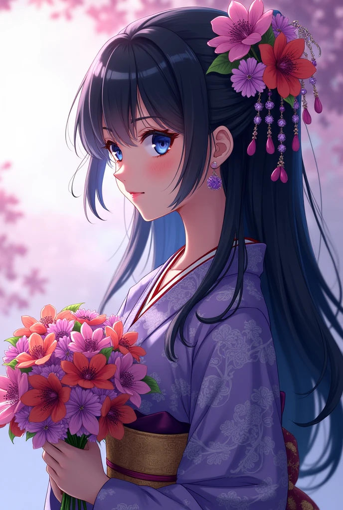 anime young adult with long pretty wavy black hair, blue eyes, purple dangle earring, flowers tied to the back of hair, holding bouquet of tsubaki flowers, wearing kimono, makeup, serious face, neckalace, side profile, cuter artstyle 