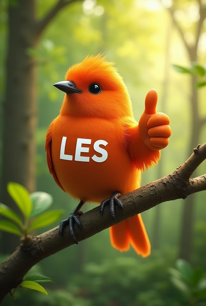 A real orange bird making a like gesture with its wing and a logo on its chest that says LES, letters in white color