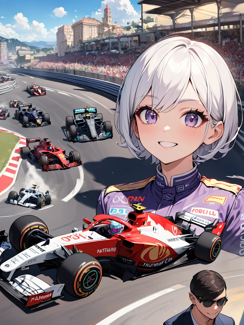 of the highest quality, of the highest quality, 16k, incredibly absurd, Very detailed, 2.5D, delicate and dynamic,women,22 years,Uniformes de careers,chest,elegance,shiny hair,smile,beautiful,Red car,car chase, short hair, platinum white hair,Formula 1,coche de careers ,high,excellent figure,purple outfit,detailed background,careers,Grand Prix,Monaco