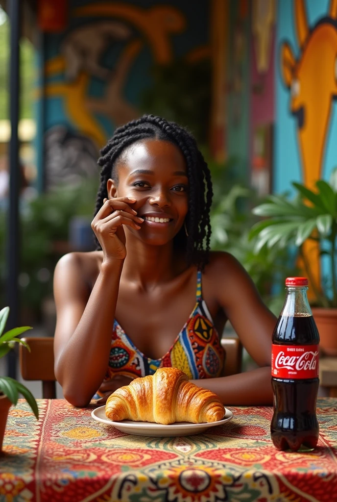 africaine a une table avec un croisant et coca cola 