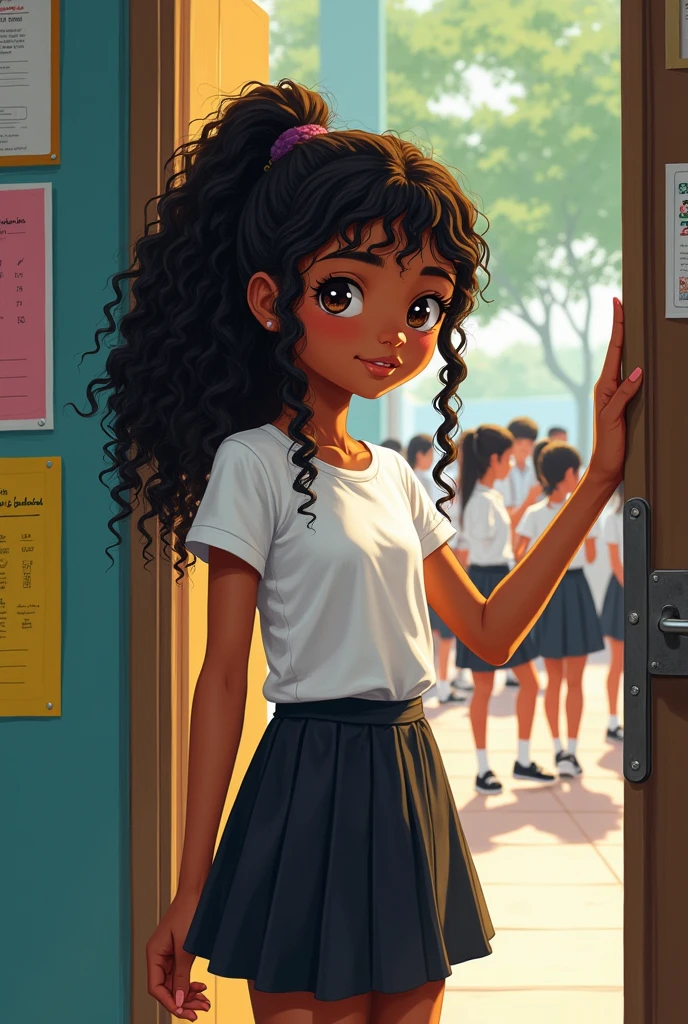 An African girl with long curly ponytail hair on white top and black skirt Japanese uniform peeping inside at class while she's standing outside like a detective . Realistic paint 