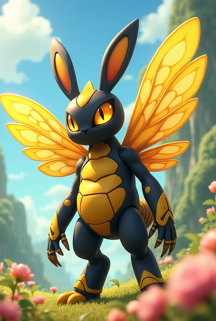 A anime style digimon creature.
 Appearance: a chimera , half bunny half man half bumblebee.  With big  wings, Big gold insect eyes. Two Big stingers for hands and wearing a  biological exoskeleton made from honey combs.
 Style : cel shaded , 3d , anime, Full-body,  t pose.
Colors: black and yellow and gold 
This is a digimon 
