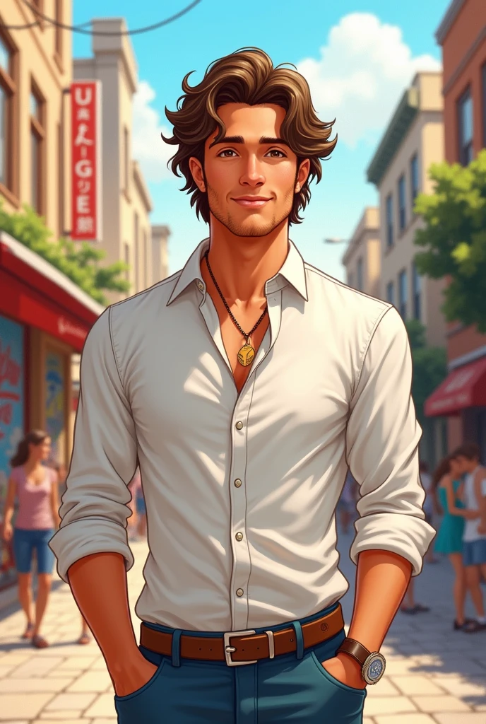 A charismatic Man character with fair skin, wavy hair, and brown eyes, easy to draw, shown in full body.