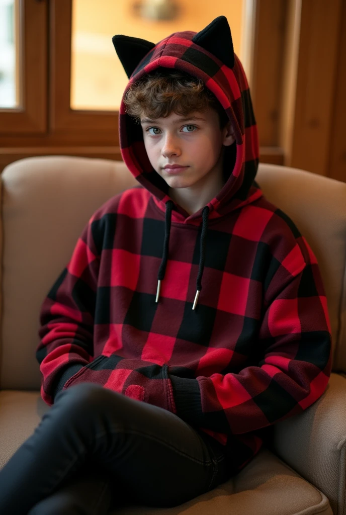Un jeune de 18 ans avec des oreilles de chats et qui porte un sweat a capuche avec des carreaux noir et rouge portant sa capuche et un jean noir assis sur un banc intérieure avec toute ses mains dans les poches les pieds croisés assez timide mais pas trop et mignon