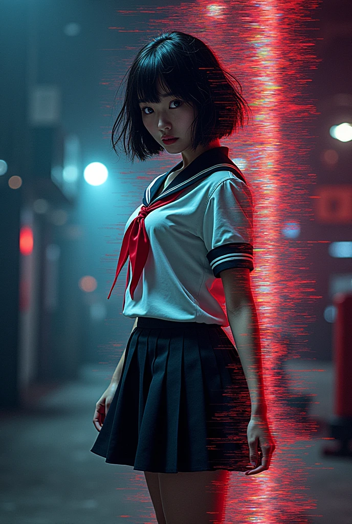 Glitch art movie poster, [sideways facing Japanese school miniskirt girl] in the center, dark background, glitch colors in the style of strong glitch effect, striped many graphic defects, very detailed, stunning image