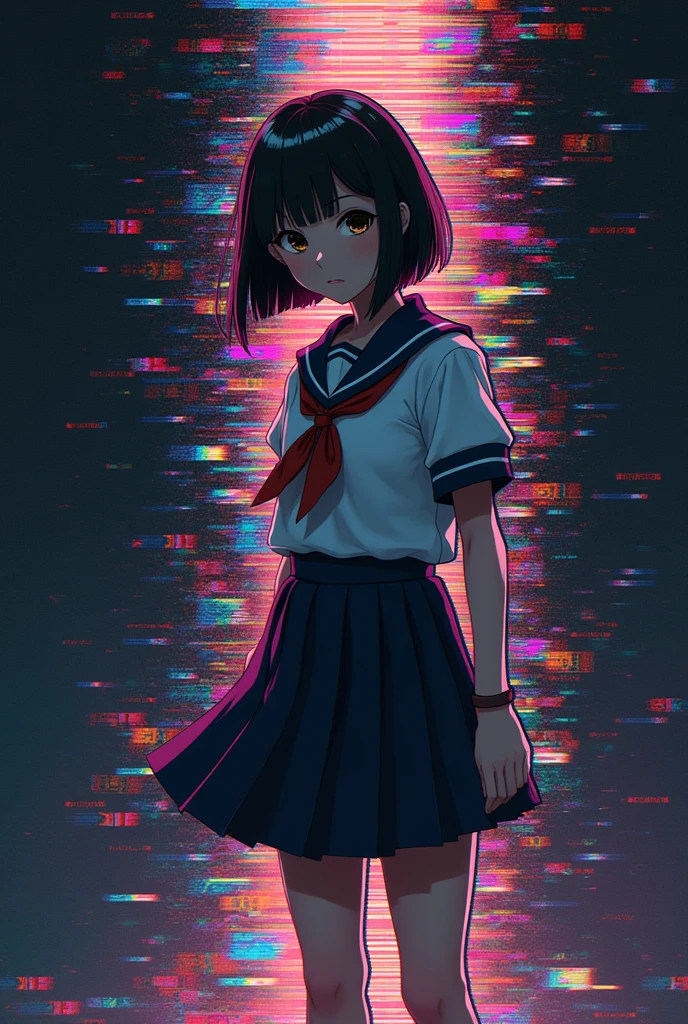 Glitch art movie poster, [sideways facing Japanese school miniskirt girl] in the center, dark background, glitch colors in the style of strong glitch effect, striped many graphic defects, very detailed, stunning image