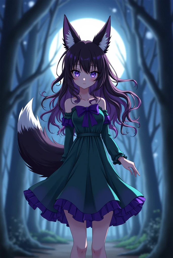 anime, high quality, quality 4K, girl, furry, long brown wavy hair (with long purple strands), half bang (black and white), fox ears (black), fox tail (black), heterochromic eyes, right eye (brown), left eye ( black), in the forest (at night), with a dress (green and purple)