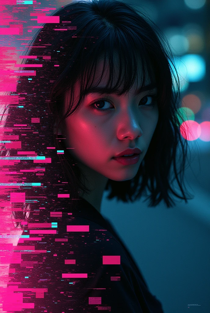 Glitch art movie poster, [sideways facing Asian woman] in the center, dark background, glitch colors in the style of strong glitch effect, striped many graphic defects, very detailed, stunning image
