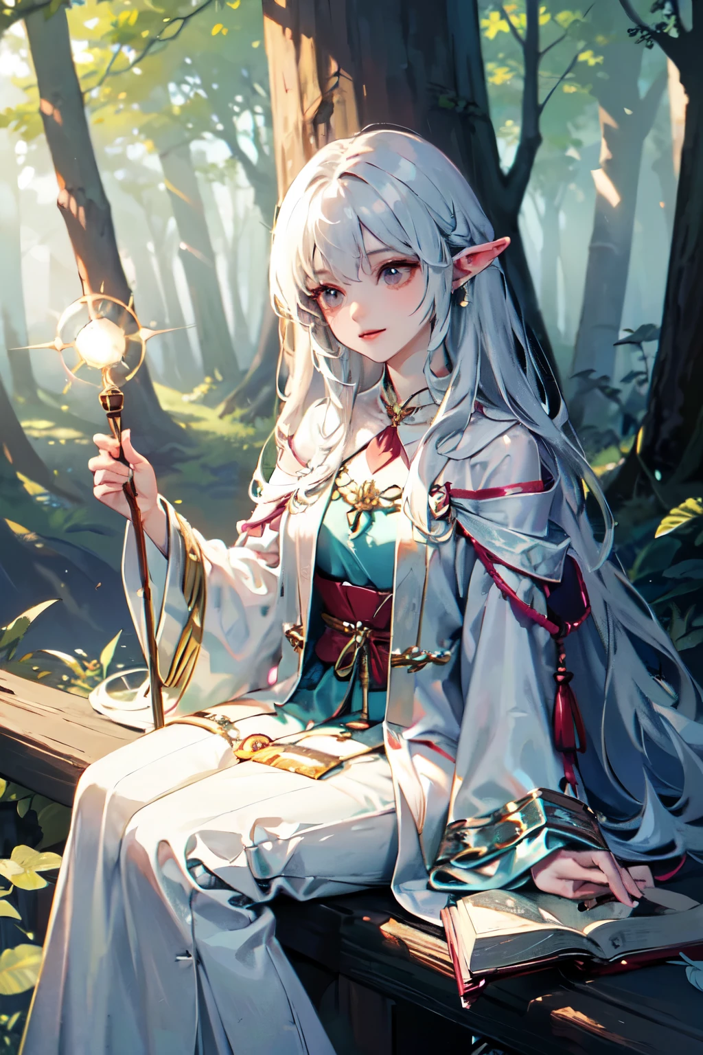 An elegant elven woman sitting on a sturdy tree branch high above the ground in a mystical forest. She has long, flowing hair and pointed ears, wearing robes that blend with the natural surroundings. In one hand, she holds a magical wand, which she is using to cast a spell. Bright, swirling magical energy emanates from the wand, illuminating her face and the surrounding leaves. The forest around her is dense, with beams of soft light filtering through the trees, creating a magical and serene atmosphere