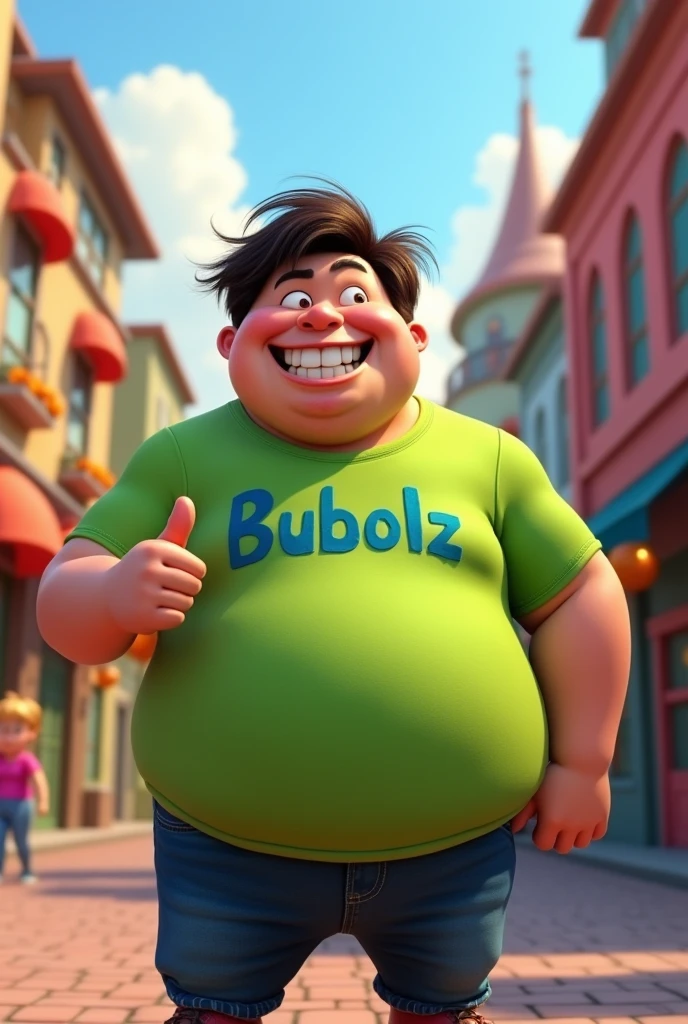 PIXAR 3d, naughty man, senor, fatter, Grinning, dark brown hair, without glasses, wearing a green T-shirt with the writing Bubolz and jeans, giving a thumbs up