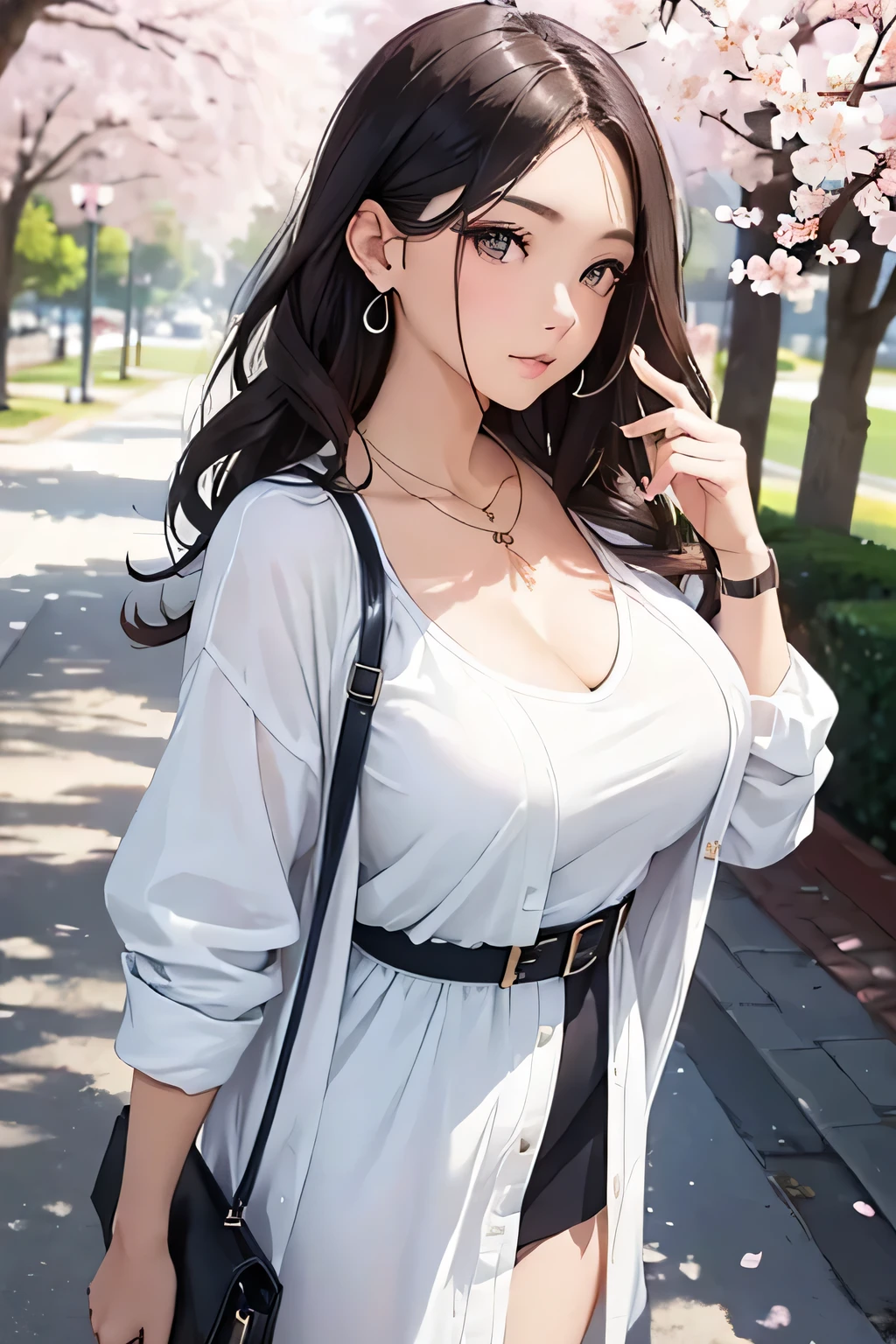 Highest quality、High resolution、Detailed Background、(Beautiful face in every detail:1.4)、Anatomically correct、(Normal number of fingers:1.2)、Highly detailed face、Detailed eyes、Beautiful women in their 20s、(Huge breasts:1.2)、Perfect body line、Bobcut、Long Hair、Wavy Hairstyle、Cute Eye Makeup、Cute Lip Makeup、Accentuate your cleavage、Model pose、Cute gestures、A walking path where cherry blossoms bloom in full bloom in spring、Show the whole body、

(A beautiful model with a popular spot in the background:1.5)、

From the design of the dress、Flower prints and stripes in soft spring colors are recommended、A clean and feminine dress is cute、
Combining a belt will make your waist look slimmer、A colored belt can also be an accent、
It's stylish to combine a white cardigan, etc., as an outerwear、You can wear it with peace of mind even on chilly days、
Casual items such as flat sandals are recommended、Combining a tote bag, etc., gives a cute atmosphere、
Earrings and necklaces、Combining a wristwatch, etc., will make it look more gorgeous、

Overall, it's a casual but clean look with a dress as the center.、very beautiful