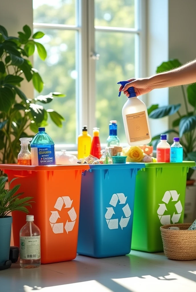 "A visually appealing scene showing a recycling station with bins labeled for plastic, glass, and paper, surrounded by various household cleaning product bottles made from recyclable or reusable materials. Some bottles are shown being placed into the appropriate bins, while others are displayed with labels highlighting their eco-friendly, recyclable packaging. Nearby, a hand is refilling a reusable cleaning spray bottle from a larger, bulk container, symbolizing the concept of reducing waste. In the background, green plants and a bright, clean environment emphasize the positive impact of recycling and reusing packaging on the environment."