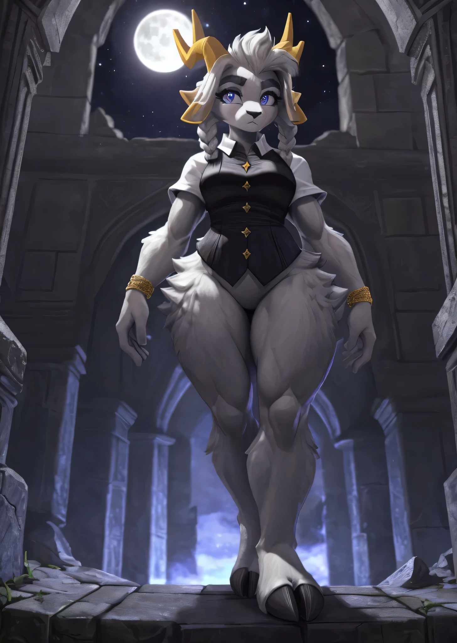 [sybil], [pseudoregalia], ((masterpiece)), ((HD)), ((high res)), ((solo portrait)), ((full body)), ((low angle view)), ((feet visible)), ((detailed fur)), ((intricate details)), ((detailed shading)), {(anthro goat woman), (athletic figure), (grey body fur), (black nose), (long droopy ears), (braided hair), (yellow narly horns), (bushy dark grey eyebrows), (cute indigo eyes), (long grey eyelashes), (medium breasts), (curvy hips), (thick thighs), (beautiful legs), (defined feet), (hooved toes), (blank expression)}, {(nude), (pantless), (black sleeveless button-up shirt), (gold buttons), (white capelet)}, {(standing), (looking at viewer)}, [ambient lighting, castle ruins, nighttime, moonlight]