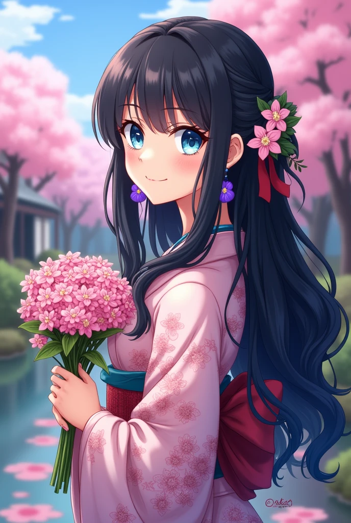 anime  with long pretty wavy black hair, blue eyes, purple dangle earring, flowers tied to the back of hair, holding bouquet of tsubaki flowers, wearing kimono, makeup, serious face, neckalace, side profile, cuter artstyle 