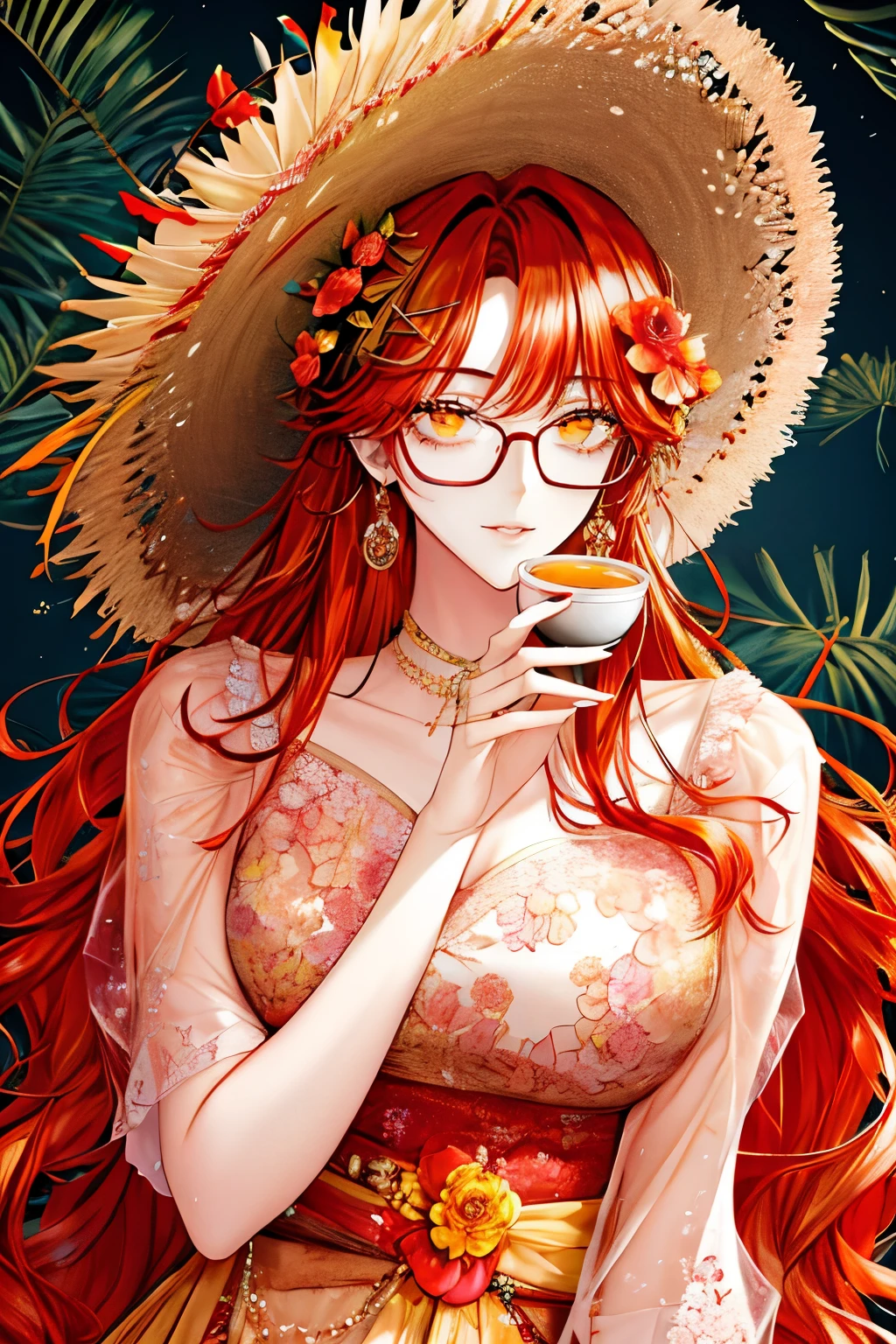 Kuroume_1024, ((shoujo-style, floral background, romance manhwa)), absurdres, highres, ultra detailed, 1girl, solo, extremely detailed eyes, starfish, seashell, shell, flower, hat, hair ornament, jewelry, straw hat, looking at viewer, sunglasses, hat flower, drinking straw, hairclip, earrings, red flower, tinted eyewear, yellow flower, bangs, english text, multicolored hair, orange flower, black hair, ring, cup, long hair, orange-tinted eyewear, food, brown hair, portrait, shell hair ornament