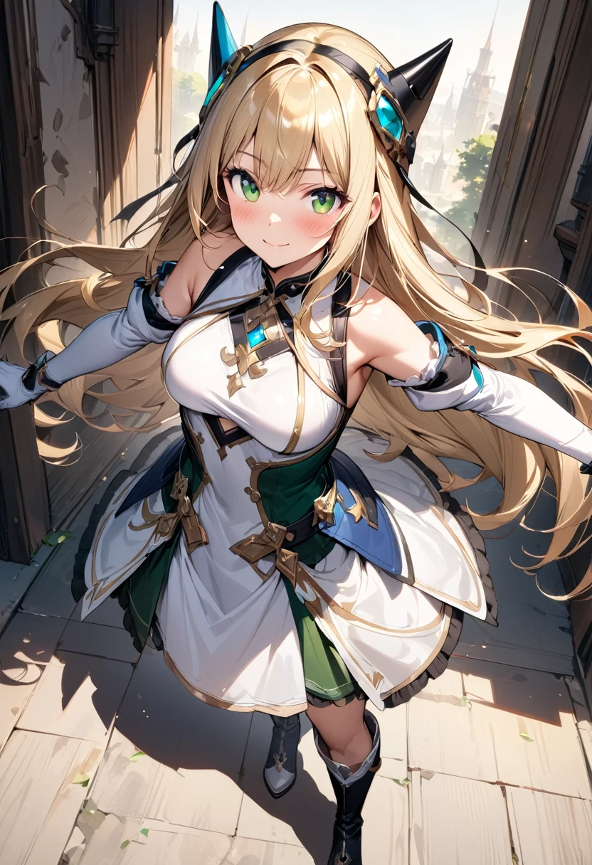 (masterpiece),(best quality),(ultra-detailed),(best illustration),(best shadow),(absurdres),(detailed background),(very aesthetic), 1girl, green-eyes, solo, gloves, blonde-hair, ((long-hair)), white-gloves, looking-at-viewer, full-body, simple-background, boots, dress, breasts, smile, standing, hair-ornament, closed-mouth, bangs, outstretched-arms, knee-boots, medium-breasts, bare-shoulders, detached-sleeves, ribbon, headgear, blush, sleeveless, elbow-gloves, skirt
