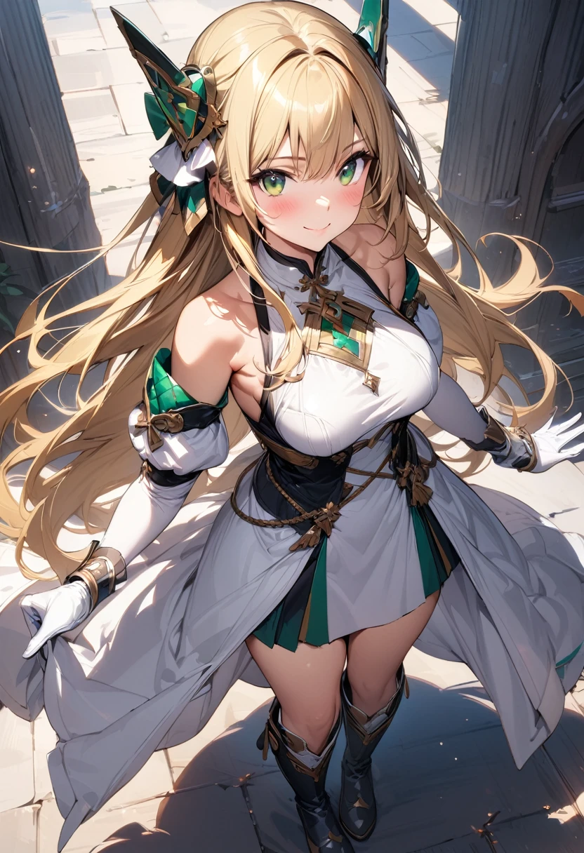 (masterpiece),(best quality),(ultra-detailed),(best illustration),(best shadow),(absurdres),(detailed background),(very aesthetic), 1girl, green-eyes, solo, gloves, blonde-hair, ((long-hair)), white-gloves, looking-at-viewer, full-body, simple-background, boots, dress, breasts, smile, standing, hair-ornament, closed-mouth, bangs, outstretched-arms, knee-boots, medium-breasts, bare-shoulders, detached-sleeves, ribbon, headgear, blush, sleeveless, elbow-gloves, skirt
