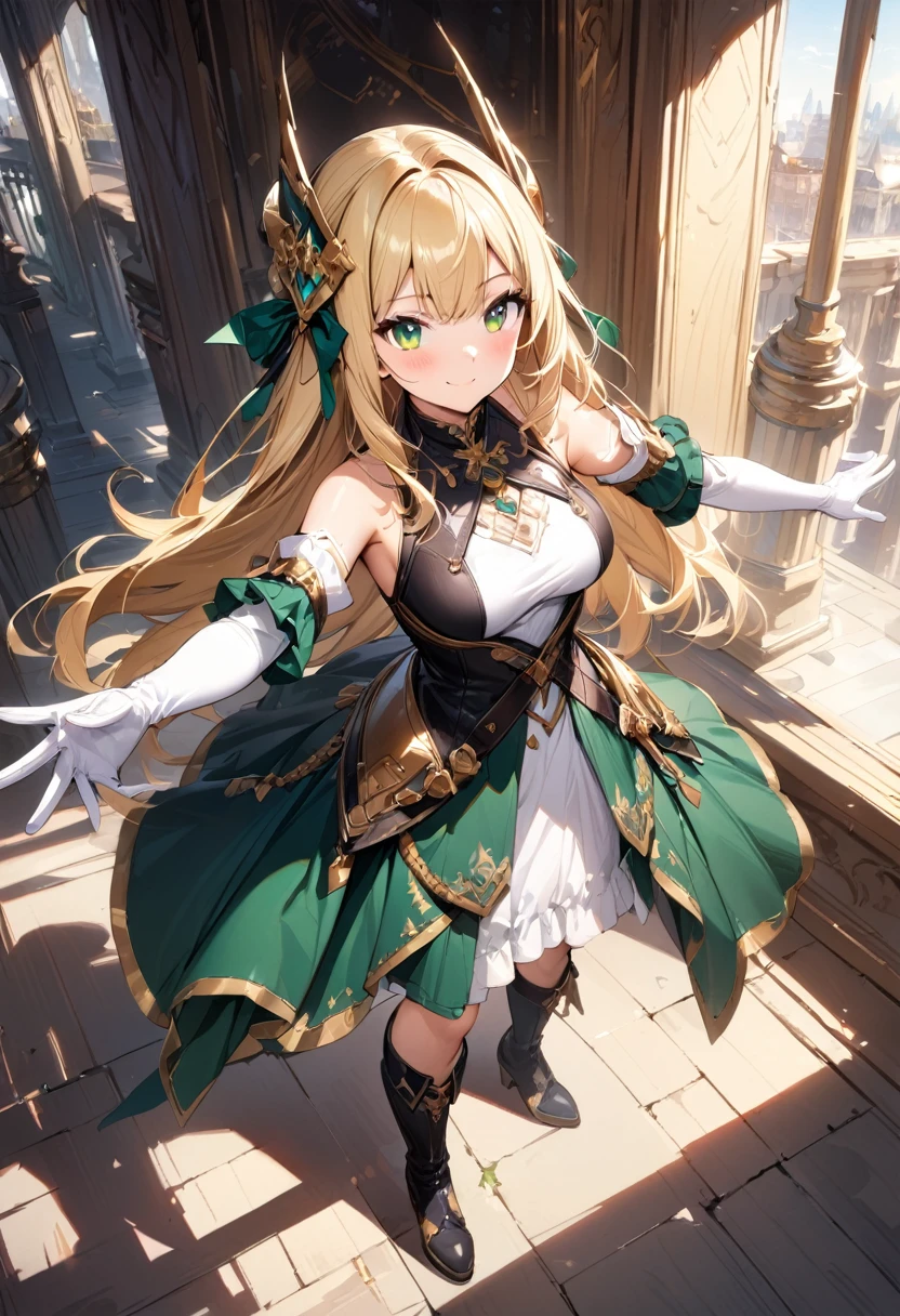 (masterpiece),(best quality),(ultra-detailed),(best illustration),(best shadow),(absurdres),(detailed background),(very aesthetic), 1girl, green-eyes, solo, gloves, blonde-hair, ((long-hair)), white-gloves, looking-at-viewer, full-body, simple-background, boots, dress, breasts, smile, standing, hair-ornament, closed-mouth, bangs, outstretched-arms, knee-boots, medium-breasts, bare-shoulders, detached-sleeves, ribbon, headgear, blush, sleeveless, elbow-gloves, skirt
