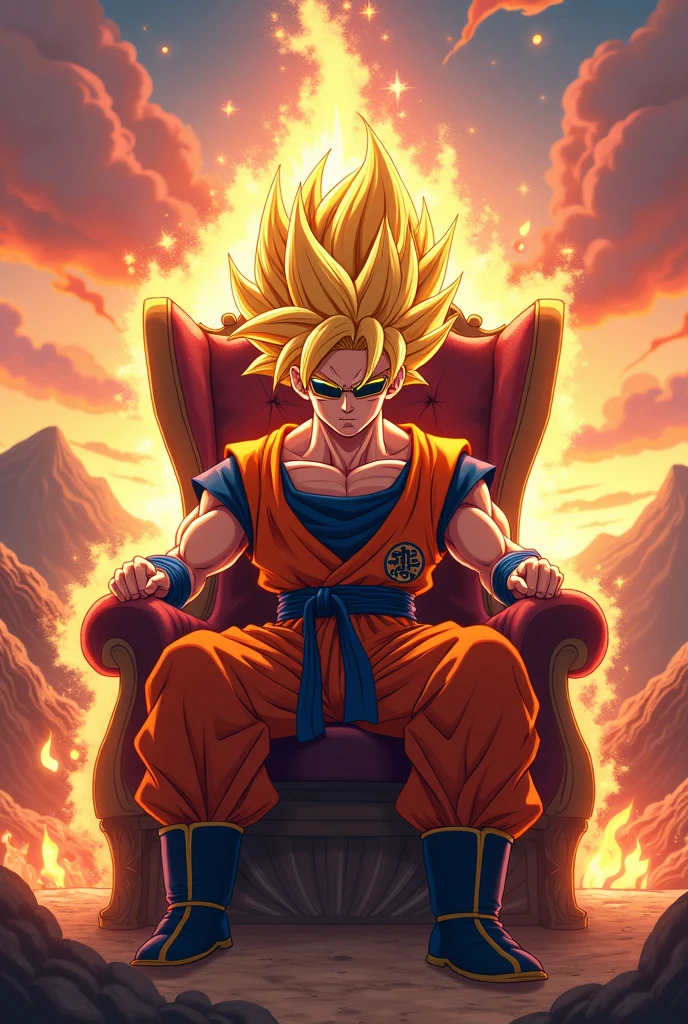 Son goku on a throne in super sayain 1 wearing sunglasses with a confident smile