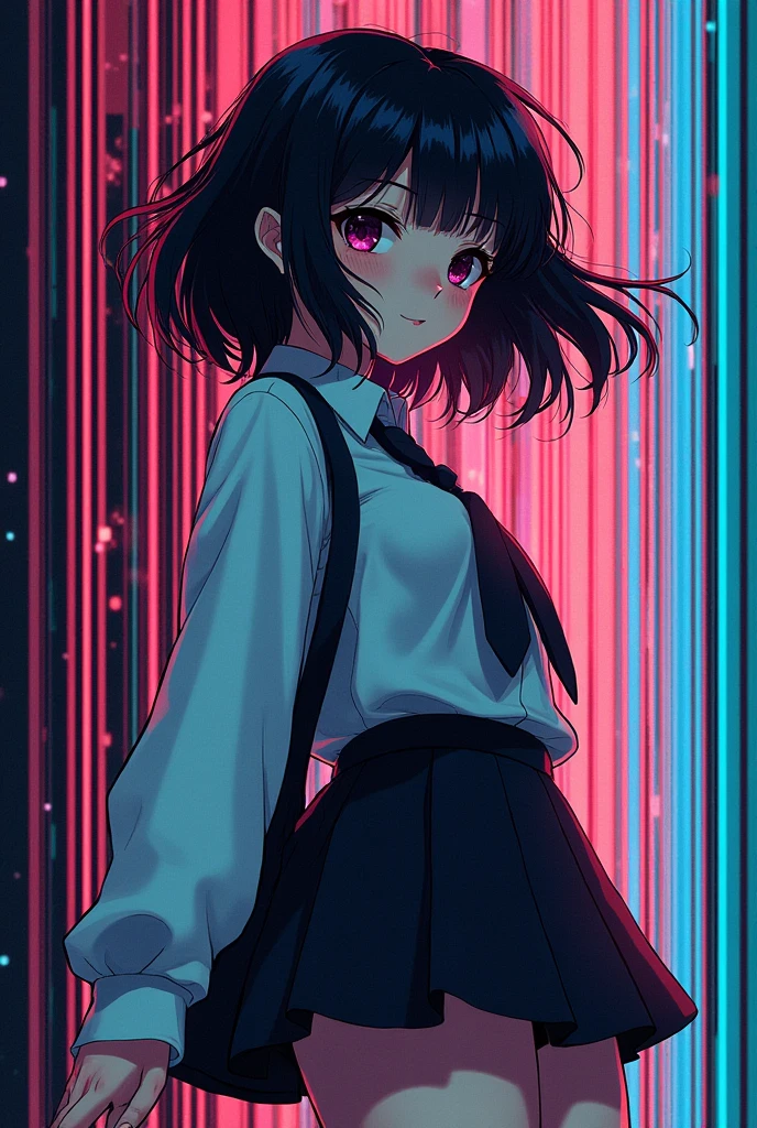 Glitch art movie poster, [sideways facing Japanese school miniskirt girl] in the center, dark background, glitch colors in the style of strong glitch effect, striped many graphic defects, very detailed, stunning image