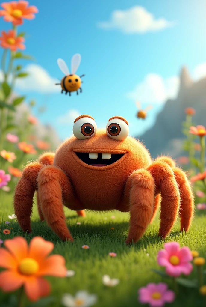 Make a brown crab spider , fluffy like plush, 4 eyes Pixar style. With joyful expression and like a film 