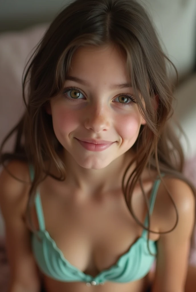 cute 12 year old girl, cum in face, slim figure, revealing clothes, cute clothes, skimpy clothes, photo taken from above, detailed face, beautiful eyes, long eyelashes, cute expression, cozy living room, photorealistic, 4k, high quality