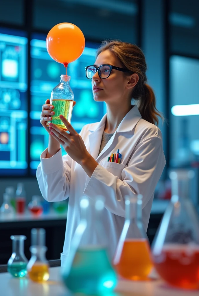 Drawing of a scientist holding a plastic bottle with a balloon placed over the mouth of the bottle