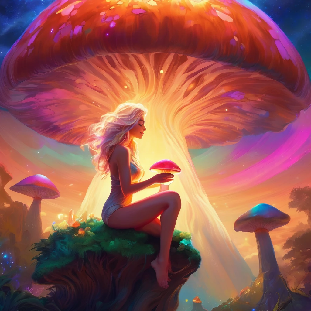 a beautiful nude 20 year old blonde woman with big messy hair, reaching for a glowing mushroom, sitting on a giant glowing mushroom, fantasy art style, cartoon vibrant, cute detailed digital art, colorful digital fantasy art, digital fantasy art ), glossy digital painting, pastel vibrant