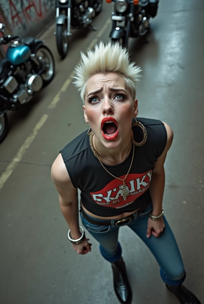 russian milf woman, biker gang member, platinum blonde hair (pompadour hairstyle with shaved sides), with very light blue eyes, extremely pale, heavy eye shadows (panda eyes). Sad face, smeared make up, smeared red lipstick, runny mascara. Wearing cropped t-shirt without sleeves and with heavy rock band logo, skinny blue jeans and pointy Chelsea boots . Lots of metallic bracelets and lots of metallic collars. Tattoed. . Wide loop earrings. Looks up, overwhelmed: she tinks God is speaking to her. Open mouth