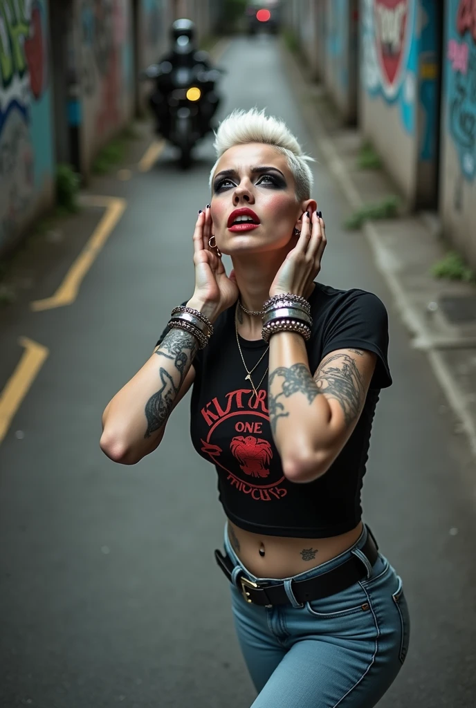 russian milf woman, biker gang member, platinum blonde hair (pompadour hairstyle with shaved sides), with very light blue eyes, extremely pale, heavy eye shadows (panda eyes). Sad face, smeared make up, smeared red lipstick, runny mascara. Wearing cropped t-shirt without sleeves and with heavy rock band logo, skinny blue jeans and pointy Chelsea boots . Lots of metallic bracelets and lots of metallic collars. Tattoed. . Wide loop earrings. Looks up, overwhelmed: she tinks God is speaking to her. Open mouth