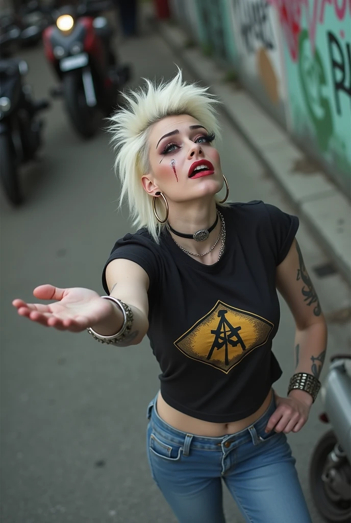 russian milf woman, biker gang member, platinum blonde hair (pompadour hairstyle with shaved sides), with very light blue eyes, extremely pale, heavy eye shadows (panda eyes). Sad face, smeared make up, smeared red lipstick, runny mascara. Wearing cropped t-shirt without sleeves and with heavy rock band logo, skinny blue jeans and pointy Chelsea boots . Lots of metallic bracelets and lots of metallic collars. Tattoed. . Wide loop earrings. Looks up, overwhelmed: she tinks God is speaking to her. Open mouth