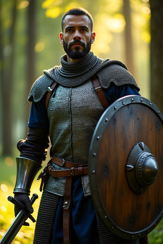(photorealism:1.2), Chevalier, homme, cheveux court, barbe courte noire, 1m80.
Il a un haut a manche courte bleu nuit. Il est équipé d'une cotte de maille. Il a une épée en fer et un bouclier en bois. Pas de gants.