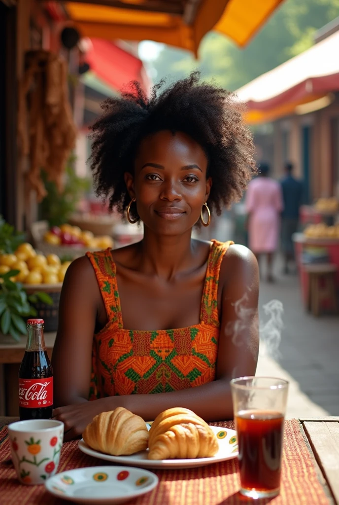 africaine a une table avec un croisant et coca cola