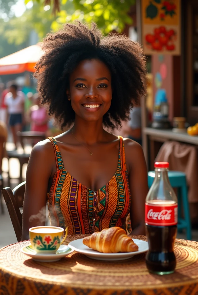 femme africaine a une table avec un croisant et un verre de coca cola 