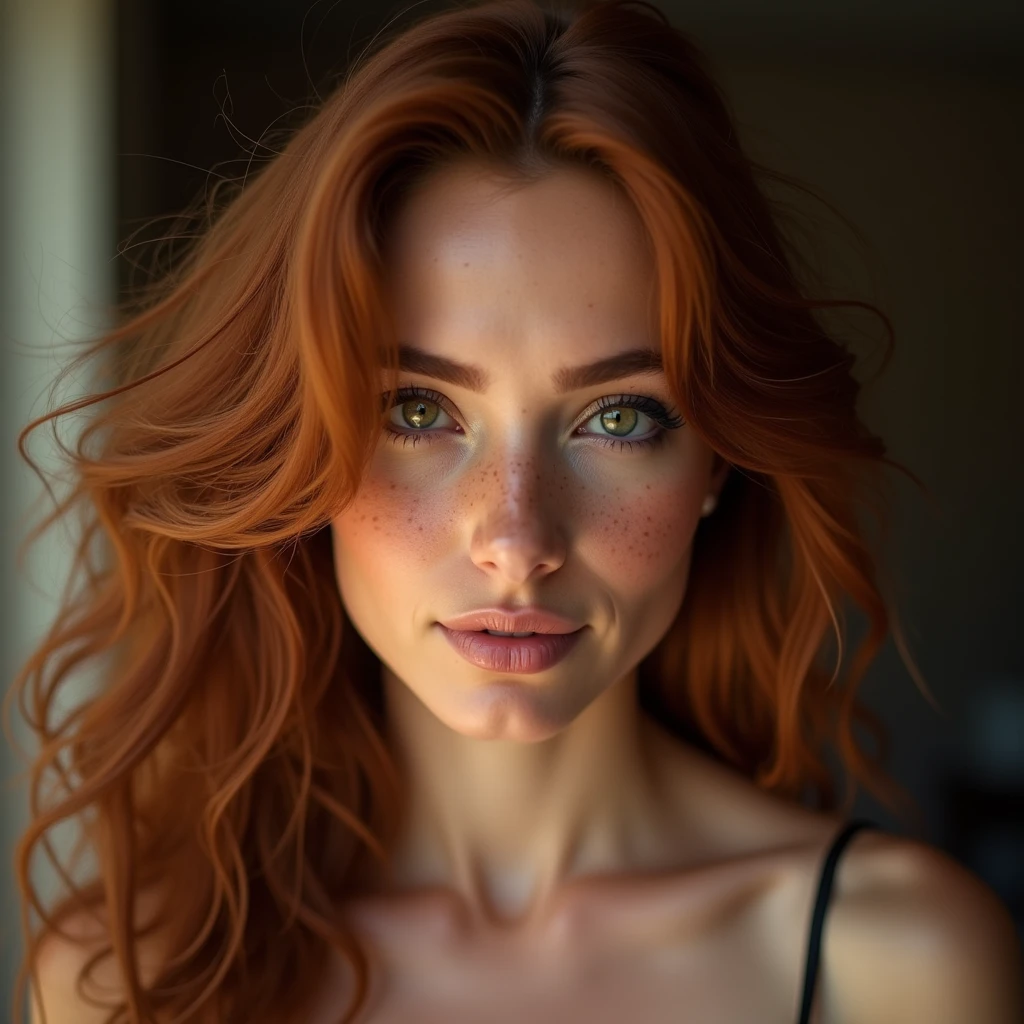 beautiful lady, freckles, dark makeup, hyperdetailed photography, soft light, head and breast portrait, cover,