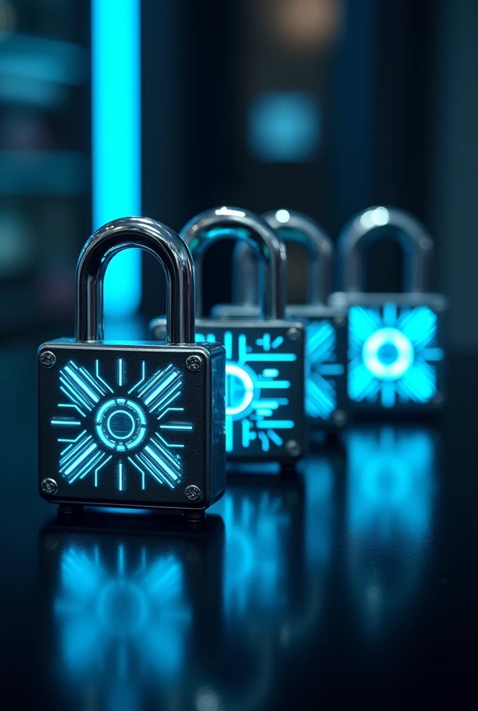 Various futuristic technological style padlocks with blue lines on a black table