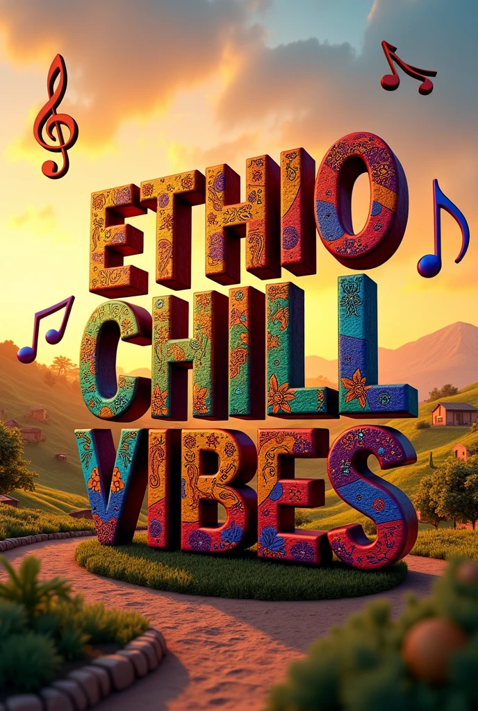 3d text of Ethio Chill Vibes with music notes and Ethiopian traditions