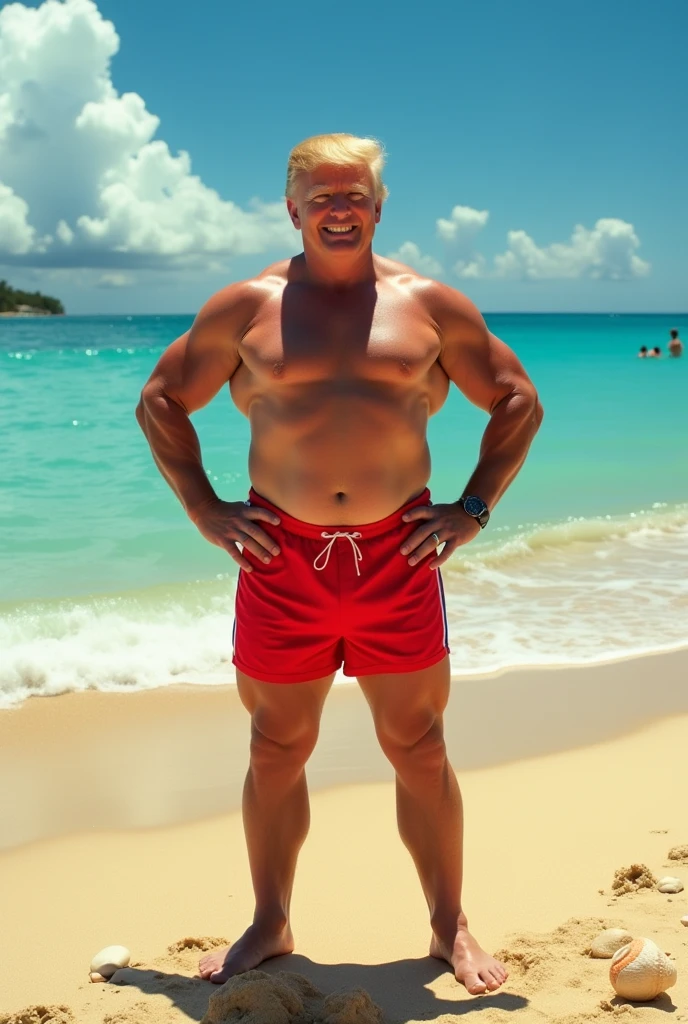 Muscular and strong Donald Trump in swim trunks on the beach showing off his biceps. 