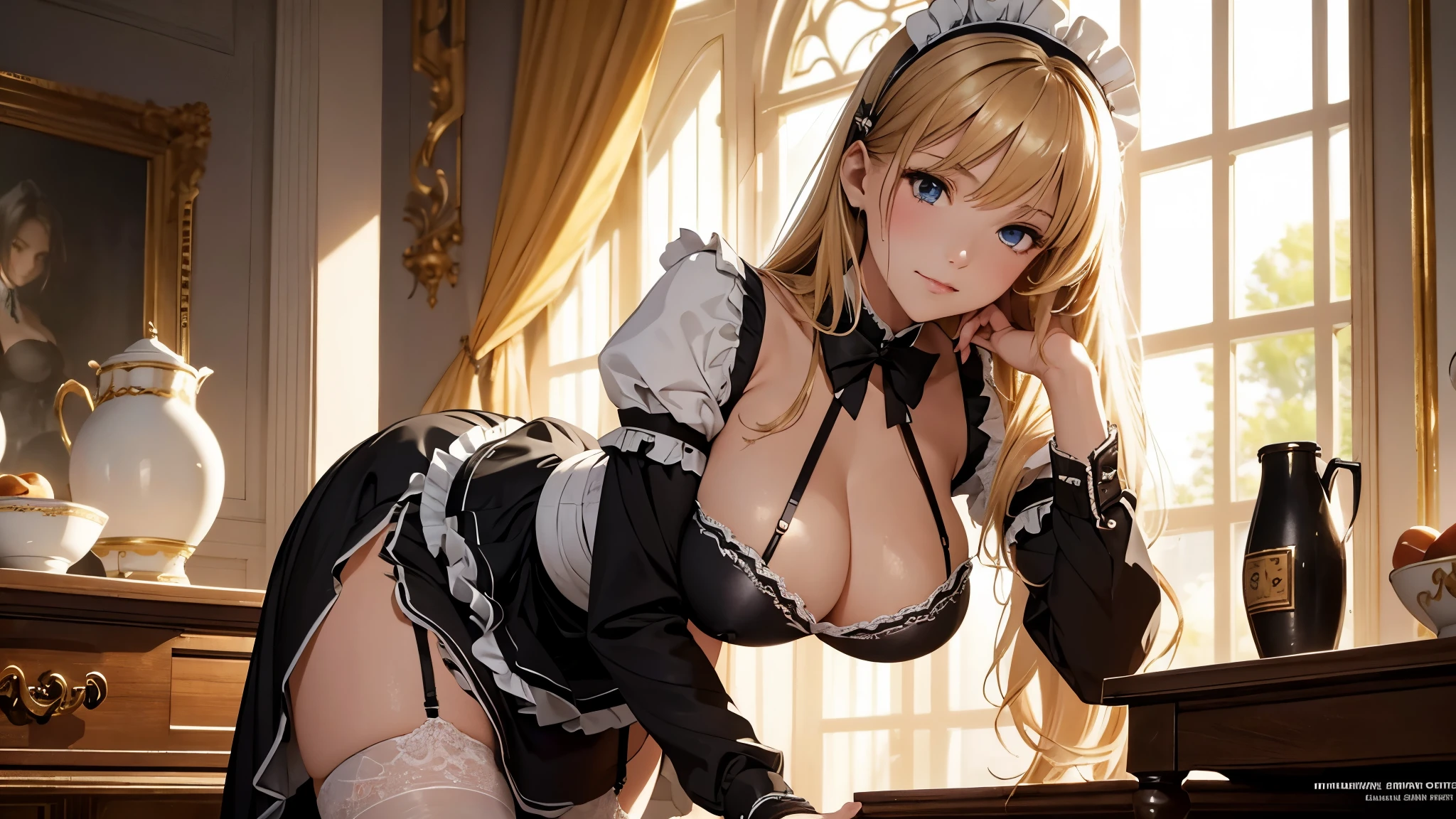 (masterpiece, high resolution,ultra - detailed:1.0),1 girl,Young and beautiful women,eye looking to camera,Perfect female body, big beautiful elongated breasts, breast cup hh, Extremely long breasts, Extremely detailed CG,Unity 8k wallpaper,Complicated details, solo person, (skimpy Maid clothes), French Maid Open Uniform, short skimpy Maid dress, lace stockings, color difference, Depth of field,dramatic shadow, Ray tracing, Best quality, Cinematic lighting, Beautiful young maid, manipulative cunning, sly dominant maid, cruel, deceitful, fake smiles,blonde, ((saggy breasts), ((long boobs))