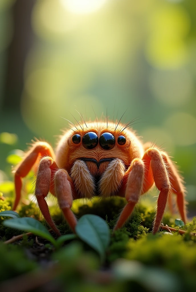 Make a brown crab spider , fluffy like plush, with 4 big eyes, realisitic